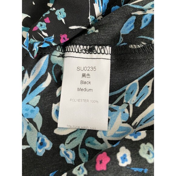 Farktop Women's Floral Blouse V Neck Tie Chiffon Shirt Size M Black Boho - Picture 6 of 11
